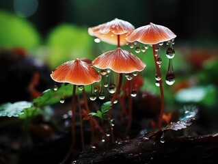 Macro view of smalle wet mushrooms with drops of dew in morning forest. Generative AI image. - obrazy, fototapety, plakaty