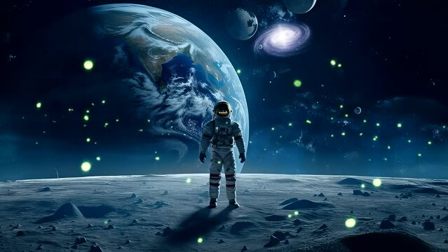 Astronaut on the moon with earth background space galaxy at night video 4k 