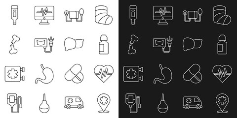Set line Location with cross hospital, Heart rate, Eye drop bottle, Blood pressure, Ultrasound, Human broken bone, Digital thermometer and organ liver icon. Vector