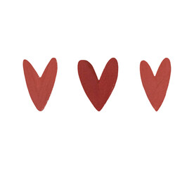 Set of watercolor, gouache drawings of handmade hearts. Pink hearts on a white isolated background, flat.