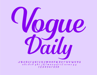 Vector stylish Logo Vogue Daily. Calligraphy Violet Font. Beautiful  Alphabet Letters, Numbers and Symbols set