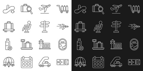 Set line Airline ticket, Airplane window, Plane, takeoff, Human waiting airport terminal, Conveyor belt with suitcase, Escalator down and Road traffic sign icon. Vector
