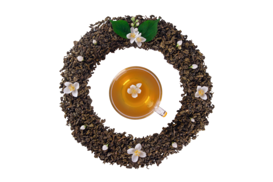 Mockup of dried tea leaves and fresh jasmine flowers shaped in round Frame whith tea cup in center isolated on transparent background png