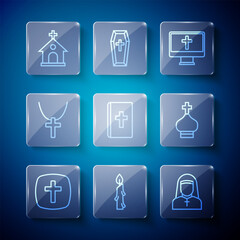 Set line Christian cross, Burning candle, Nun, on monitor, Holy bible book, chain, Church building and church tower icon. Vector