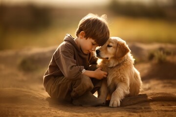 Little boy kid sitting with his dog puppy friend on dry ground. Children animal love concept
