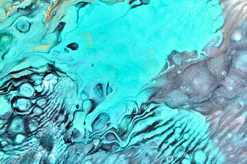 Exclusive beautiful pattern, abstract fluid art background. Flow of blending blue paints mixing together. Blots and streaks of ink texture for print and design