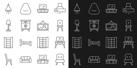 Set line Armchair, Dressing table, Chair, TV stand, Furniture nightstand, Floor lamp, Lamp hanging and Picture icon. Vector