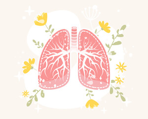 Human lungs with flowers and leaves. Vector illustration in flat cartoon style. Healthy lungs concept