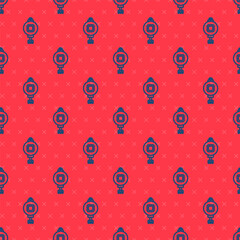 Blue line Chinese paper lantern icon isolated seamless pattern on red background. Vector