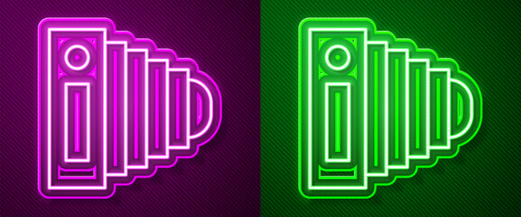 Glowing neon line Photo camera icon isolated on purple and green background. Foto camera. Digital photography. Vector