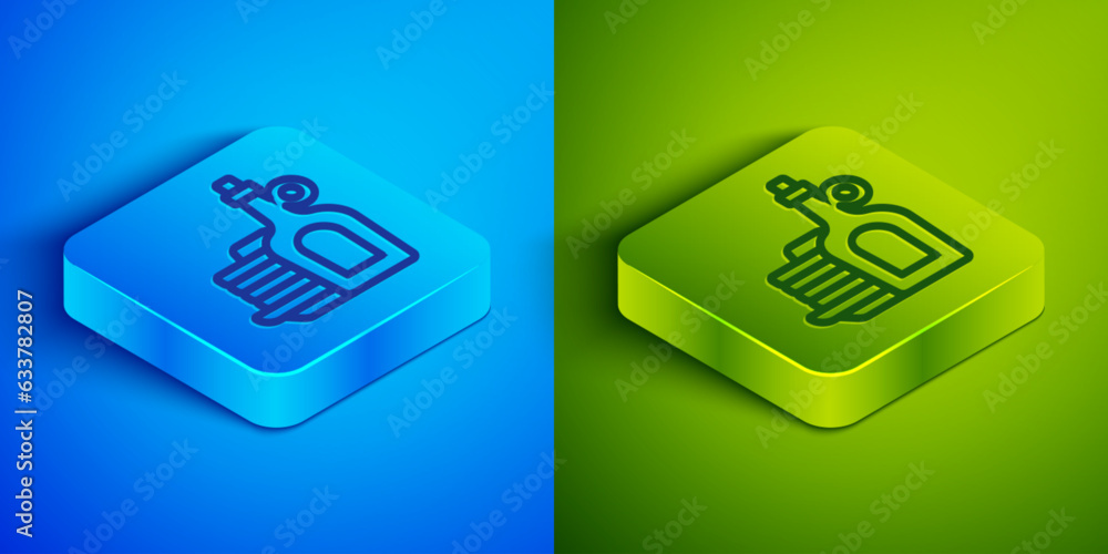 Aufkleber isometric line bottle of maple syrup with stack of pancakes icon isolated on blue and green backgrou