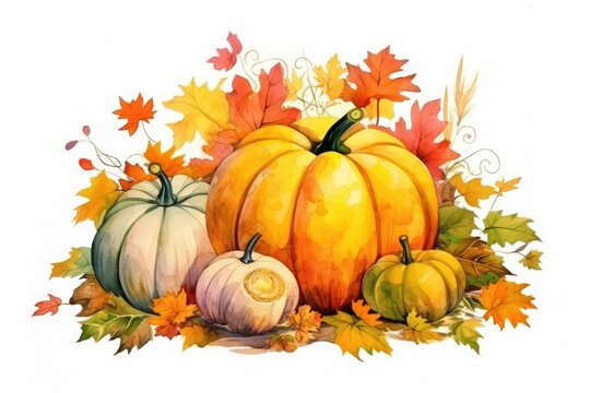 Pumpkins and leaves painting on a white background