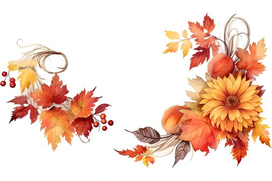 A vibrant watercolor painting capturing the beauty of autumn leaves and sunflowers