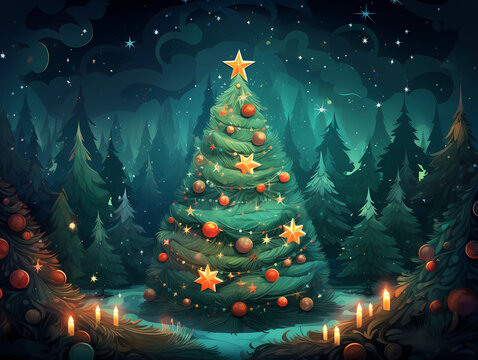 Illustration eines Christbaums Wald, für Weihnachtsgrüße erstellt mit generativer KI