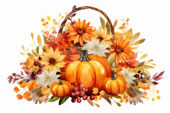A colorful basket filled with a vibrant mix of flowers and pumpkins