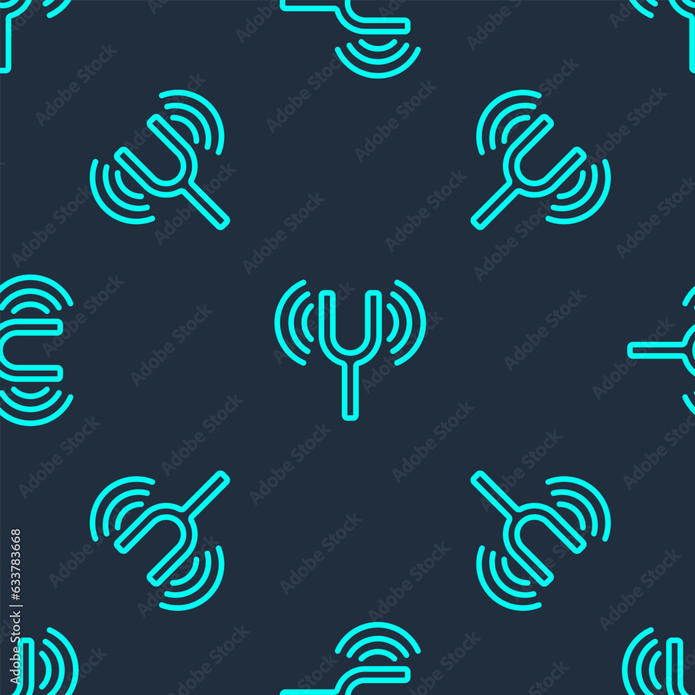 Poster green line musical tuning fork for tuning musical instruments icon isolated seamless pattern on blue