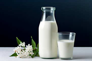 Obraz na płótnie Canvas Milk in a bottle and glass on a dark blue background.Healthy vegan milk concept. Plant based milk concept. Lactose free,organic healthy milk concept.