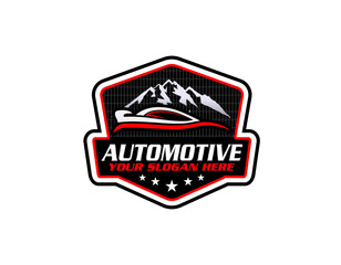 Sport car logo illustration on dark background. Drag racing.