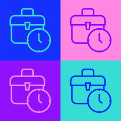 Pop art line Work time icon isolated on color background. Office worker. Working hours. Business briefcase. Vector