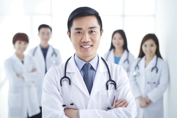 Fototapeta premium Successful team of medical doctors are looking at camera and smiling while standing in hospital, Created using generative AI tools.