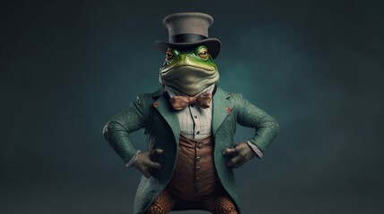 a green and brown muscular frog wearing a top hat stan.Generative AI