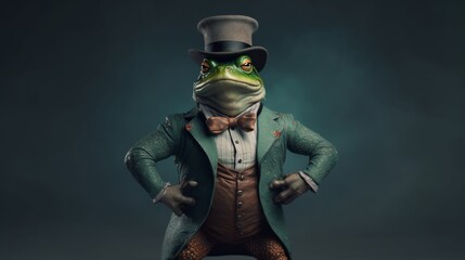 Fototapeta premium a green and brown muscular frog wearing a top hat stan.Generative AI