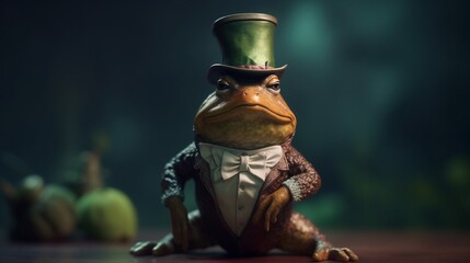 a green and brown muscular frog wearing a top hat stan.Generative AI