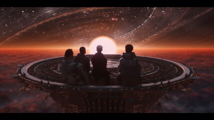 a group of 5 friends sitting on the event Horizon spac.Generative AI