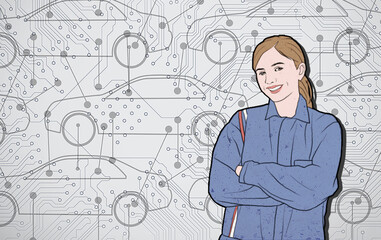 female employee in front of car illustration