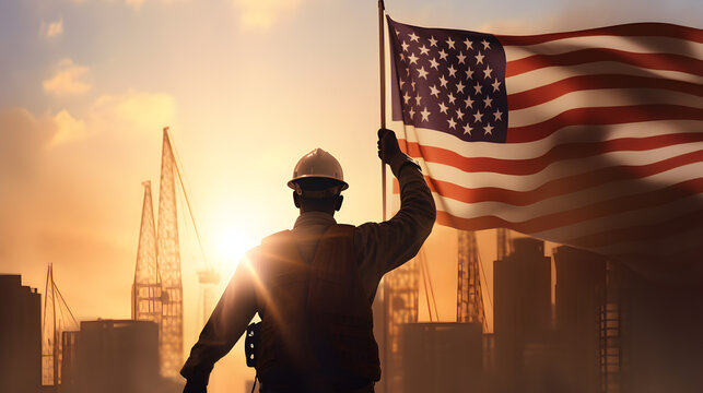 Rear View Of Construction Worker With USA Flag On Building Background, Engineers Are Celebrating The Labor Day Holiday, Generative AI