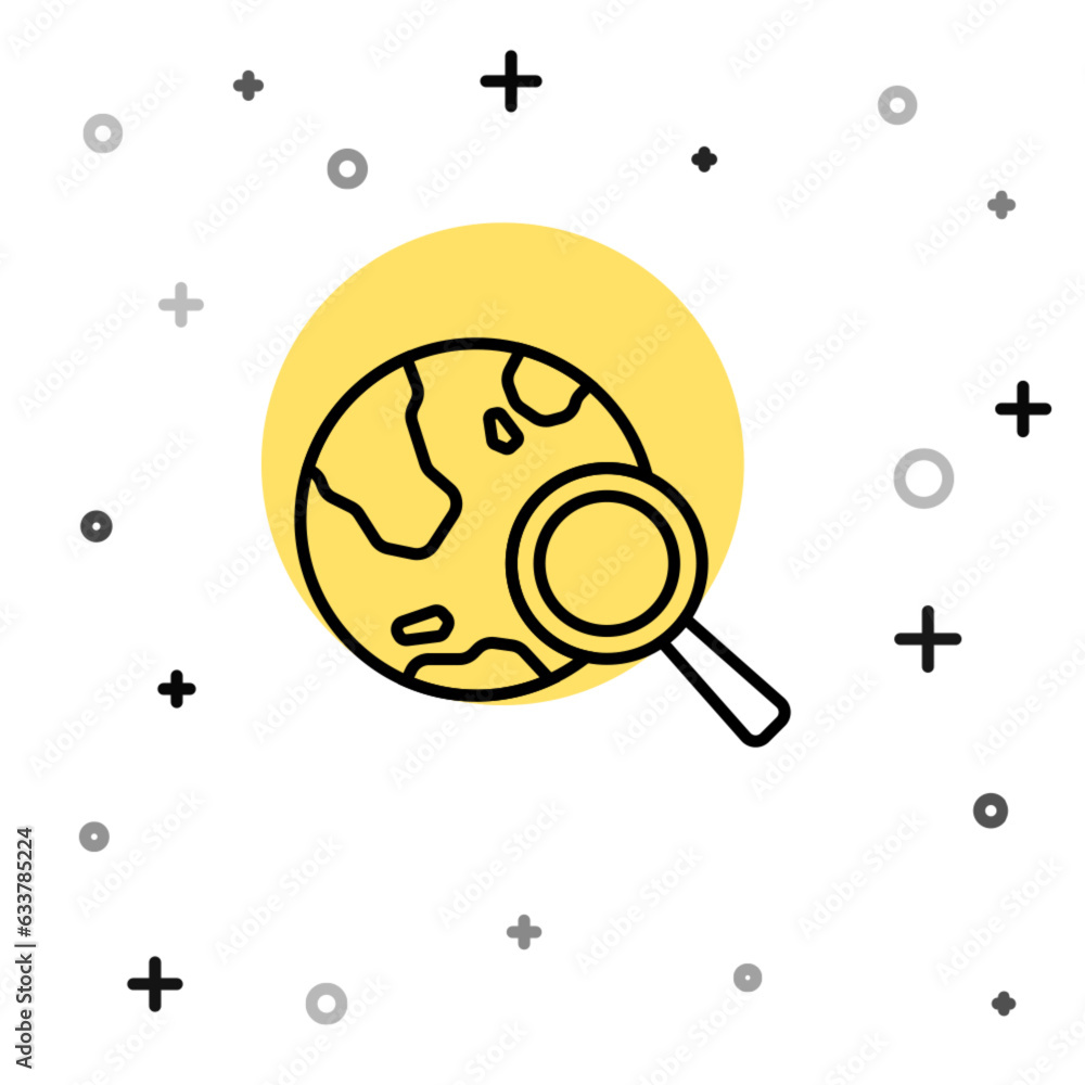 Poster black line magnifying glass with globe icon isolated on white background. analyzing the world. globa