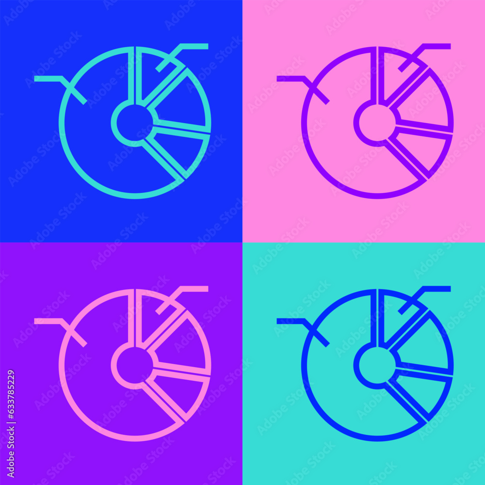 Poster pop art line pie chart infographic icon isolated on color background. diagram chart sign. vector