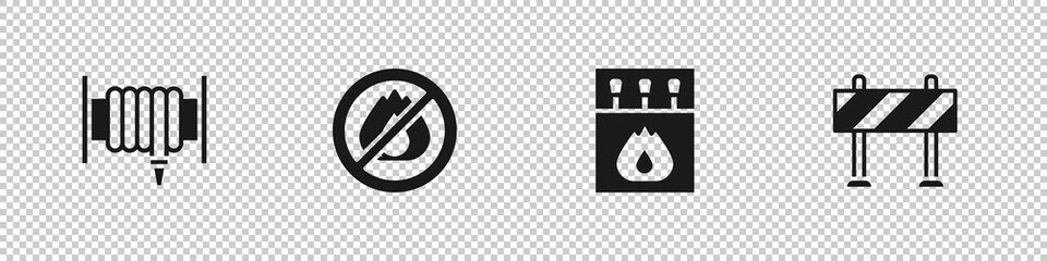 Set Fire hose reel, No fire, Matchbox and matches and Road barrier icon. Vector