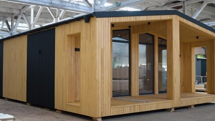 A new wooden modular prefabricated house inside in manufacturing facility