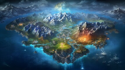 a map of a fantasy world thunder fire water ice lighti.Generative AI