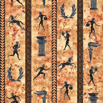 Seamless pattern with ancient Greek athletes. In the style of ancient Greek art of painting vase. Hand drawn watercolor illustration. On a textured background. For textile, wallpaper, print.