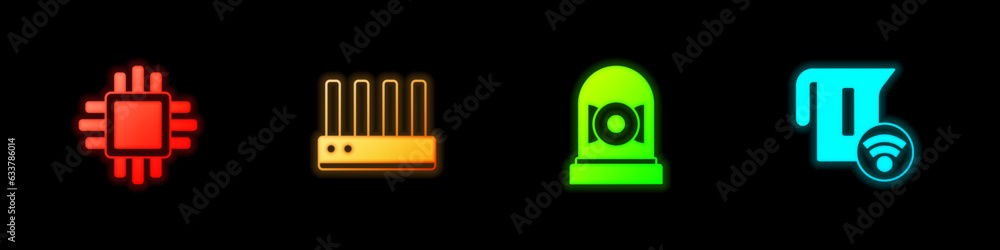 Aufkleber set processor with cpu, router and wi-fi signal, ringing alarm bell and smart electric kettle icon. 