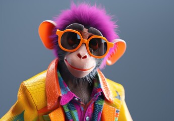 Anthropomorphic monkey dressed in a yellow jacket and sunglasses. Human characters through animals. Illustration of a cheerful and elegant chimpanzee with purple hair on his head. Creative idea.