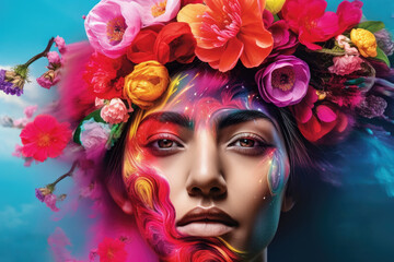 Naklejka premium Colorful Floral Makeup and Hairstyles Portrait of Women