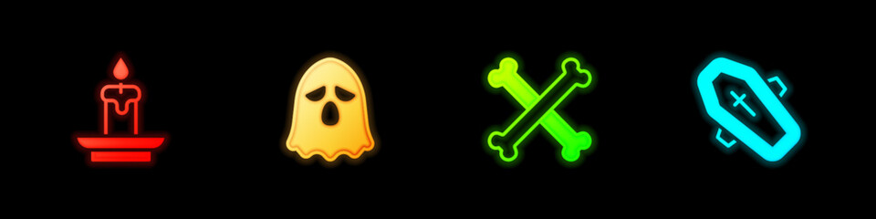 Set Burning candle, Ghost, Crossed bones and Coffin with cross icon. Vector