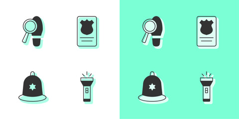Set Flashlight, Footsteps, British police helmet and Police badge with id case icon. Vector