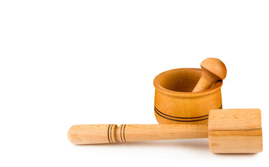 Set of mortars with pestles and pusher isolated on white . Free space for text.