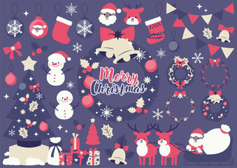 カラフルモダンなクリスマスのイラスト素材セット　サンタクロースやクリスマスリースや雪だるま
