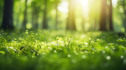 morning green grass and sunlight in a forest , nature background with a sunrise
