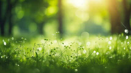 Defocused green trees in forest or park with wild meadow,  grass and sunlight
