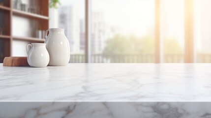 Marble stone table top (kitchen island) on blur kitchen interior background