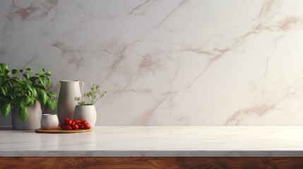 Vase and plants isolated on white marble table and white marble backgrounds with copy space, apartment or kitchen interior design.