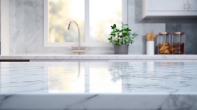 Marble Stone Table Top (kitchen Island) On Blur Kitchen Interior Background