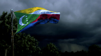 Comoros flag for any holiday on dark storm clouds - abstract 3D illustration