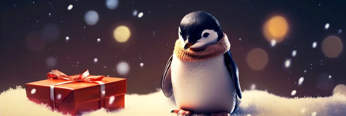 Fotobehang Christmas banner with cute penguin and gift box. Portrait of a little penguin sitting under snowfall with present. Christmas card. . © ita_tinta_